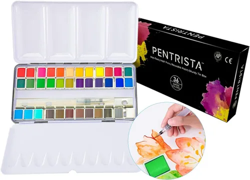 Miniatura 8 de Juego de pintura de acuarela sólida de 36 colores con cepillo de agua recargable, medias sartenes de grado artístico en caja de lata, kit
