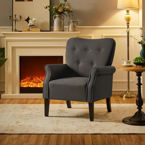 Miniatura 2 de Topeakmart Silla decorativa de tela, sillón moderno de poliéster con patas de madera, respaldo alto y cómodo asiento acolchado para sala de estar