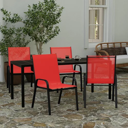 Miniatura 11 de Merrick Lane Juego de 4 sillas de patio de la serie Manado – Material marrón Flex Comfort – Marco de metal con recubrimiento en polvo – Se apilan