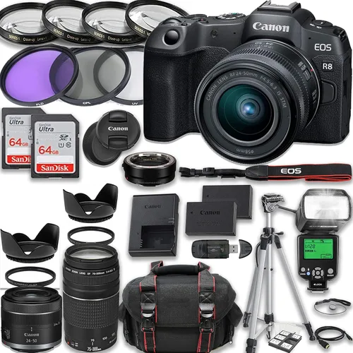 Canon Cámara sin espejo EOS R8 RF 0.945-1.969 in f/4.5-6.3 es lente STM + lente EF 2.953-11.811 in III + accesorios incluidos: 2 tarjetas de memoria