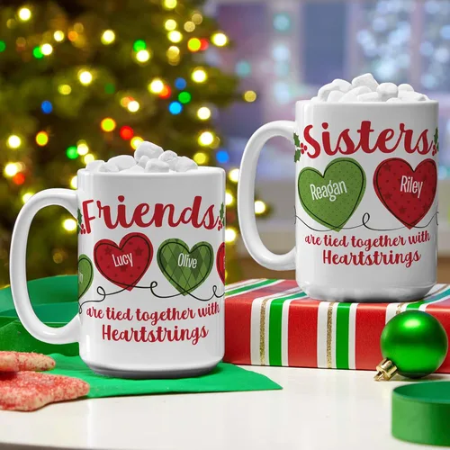 Miniatura 4 de Let's Make Memories Taza de Navidad personalizada, para amigos, taza de café personalizada, Heartstrings - 2-6 nombres - Mango blanco e