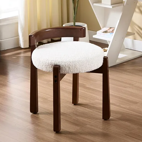 Miniatura 13 de HEAH-YO Silla de tocador de madera con respaldo, reposapiés otomano pequeño tapizado de felpilla, silla de maquillaje moderna de mediados de siglo