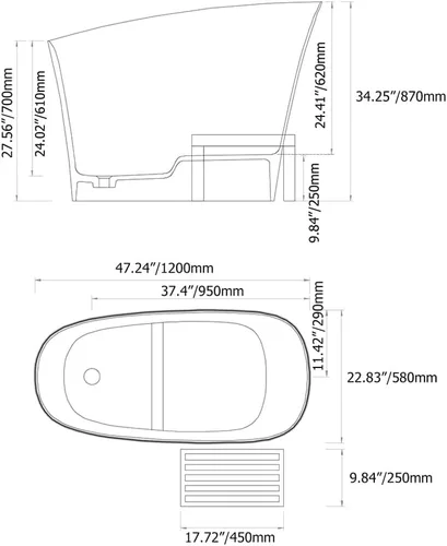 Miniatura 7 de Bañera japonesa de 47 pulgadas, bañera oblicua independiente de resina de piedra en blanco mate