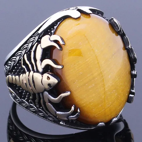 Miniatura 2 de Anillo de plata de ley 925 maciza con ojo de tigre y figura de escorpión para hombre