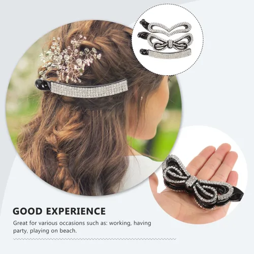 Miniatura 5 de Beaupretty Pinza grande de pelo de plátano con diamantes de imitación, 3 piezas, pinza de pelo dentada, soporte de cola de caballo de fuerte