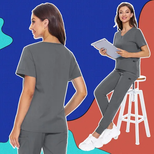 Miniatura 19 de VIAOLI Conjunto de ropa quirúrgica para mujer, camiseta con cuello en V y pantalones médicos tipo cargo para mujer, 10 bolsillos