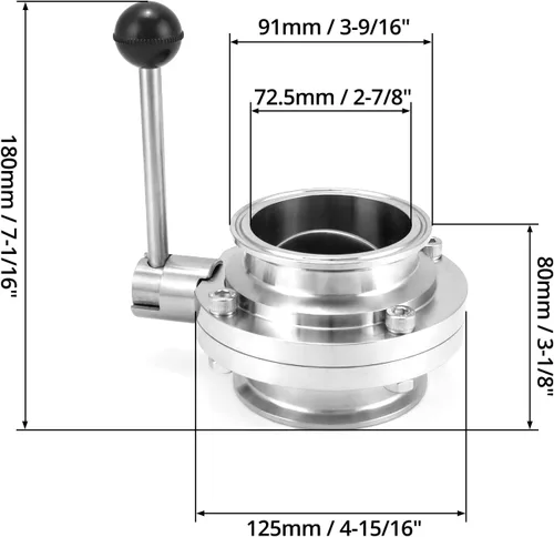 Miniatura 2 de QWORK Válvula de mariposa de acero inoxidable tubo de 3 pulgadas OD - Control de flujo preciso para elaboración de cerveza, transferencia