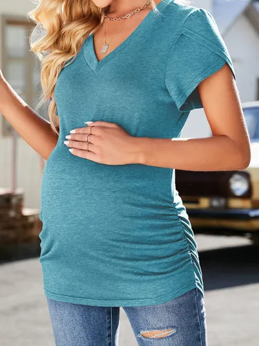 Miniatura 4 de Molliya Camisas de maternidad para mujer, manga corta y larga, cuello en V, fruncido, lateral, para embarazo, verano, blusa, ropa de maternidad