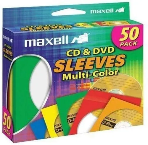 Maxell 190134 Fundas tipo sobre para almacenamiento de papel para CD y DVD con ventanas de plástico transparente, multicolor, paquete de 50 unidades