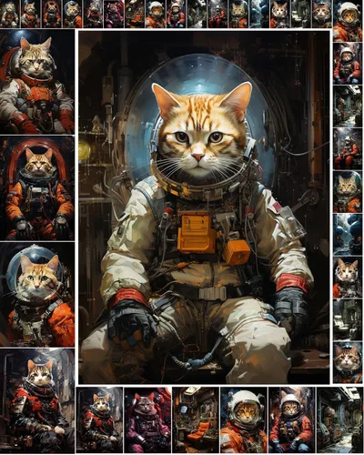 Decoupage - Paquete de papel (35 hojas de 6 x 8 pulgadas) Brave Space Cats in Astronaut Suits Out in Space FLONZ - Tarjetas de ilustración vintage