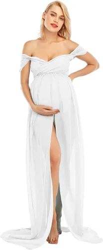 Miniatura 4 de ZIUMUDY Vestido de gasa de maternidad con hombros descubiertos para sesión de fotos, vestido largo de encaje frontal dividido para fotografía