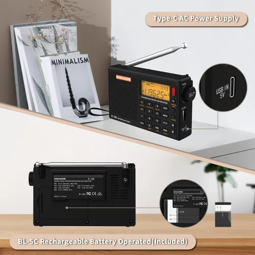 Miniatura 5 de XHDATA R108 Radio Portátil AM/FM/SW/LW/Airband Receptor de Onda Corta Radio Operado por Batería con Buena Recepción, Excelente Sonido Altavoz