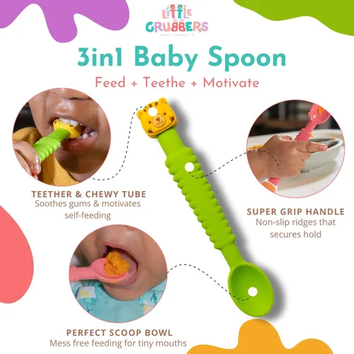 Miniatura 3 de Cuchara de silicona 3 en 1 para bebé de alimentación autónoma durante más de 6 meses, cuchara mordedor pediátrica diseñada por OT, utensilios