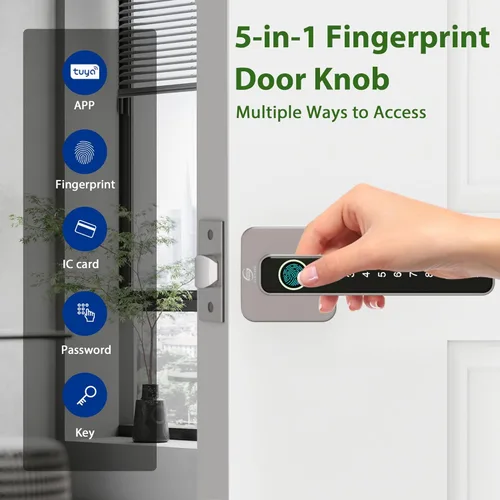 Miniatura 2 de Cerradura de puerta inteligente, perilla de puerta de huellas dactilares, perilla digital 5 en 1 con aplicación/código de teclado/tarjetas Tono plata
