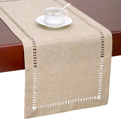 Miniatura 7 de Grelucgo - Camino de mesa o bufanda para aparador con dobladillo hecho a mano, color beige, rectangular de 14 por 36 pulgadas