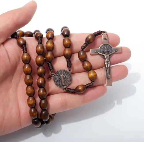 Miniatura 3 de KOMI Rosarios católicos de madera hechos a mano, collar de cuentas de rosario de madera de Belén, medalla de suelo santo y cruz de metal para regalo