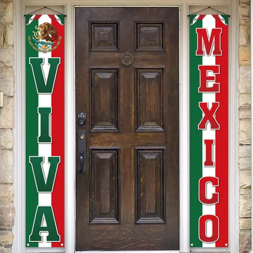 Pudodo Viva México Porche Banner Dia De La Independencia Día de la Independencia Mexicana Fiesta Puerta Frontal Colgante de Pared Banner Decoración