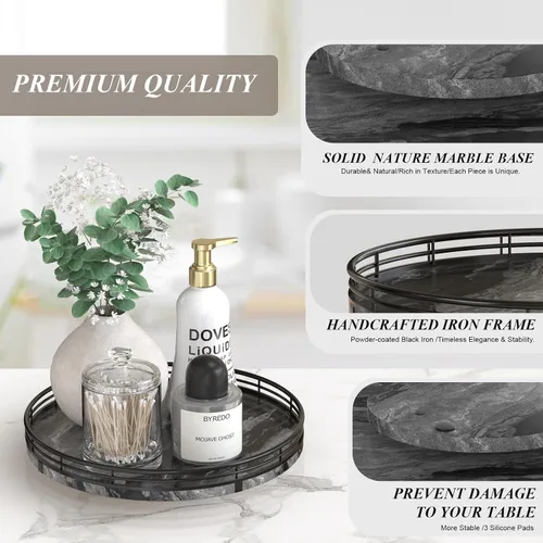 Miniatura 7 de Marble Lazy Susan - Tocadiscos para mesa, bandeja redonda de mármol de grano de madera antigua de 10 pulgadas para mesa de comedor, encimera de Negro