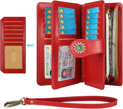 Miniatura 2 de Lavemi Carteras de cuero genuino de gran capacidad con bloqueo RFID para mujer, tarjetero con correa para la muñeca