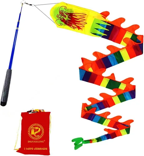 Miniatura 9 de 19.6 pies de seda azul dragón Poi, cinta de práctica con espiral de dragón lanzador con barra de mano de fibra de vidrio elástica de 35.4 in + bolsa