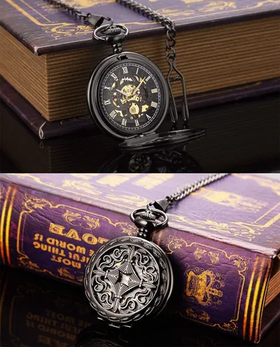 Miniatura 3 de ManChDa Reloj de bolsillo mecánico vintage negro con cadena para hombres + caja