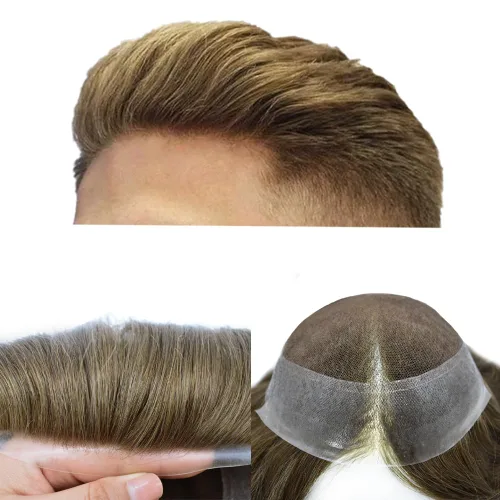 Miniatura 7 de Peluca de cabello humano para hombre, tupé de cabello humano suave para hombre, centro de encaje suizo suave, tupé adjunto con poliuretano alrededor