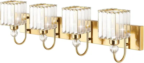 Miniatura 2 de Ralbay - Luces de tocador de baño de cristal doradas, 4 luces, para usar sobre el espejo, modernas lámparas de pared de baño de cristal dorado