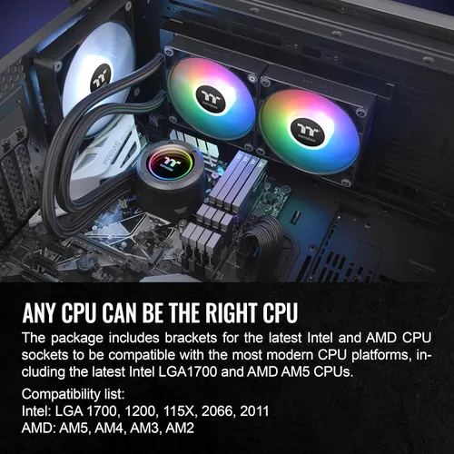 Miniatura 6 de Thermaltake TH240 ARGB Sync V2 enfriador de CPU de líquido/Refrigeración líquida AlO/Ventilador 120mm*2/PWM 500~2000 RPM/Bloque de agua de Negro