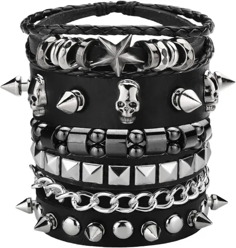 Miniatura 7 de 4 piezas de pulseras punk para hombres y mujeres, juego de pulseras de cuero con tachuelas, accesorio de joyería gótica rock para atuendo de los 80