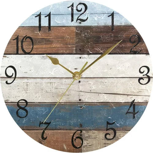 Miniatura 13 de Reloj de pared rústico retro con puerta de granero de madera, marrón, azul, funciona con pilas, silencioso, sin tictac, 10 pulgadas, reloj de mesa