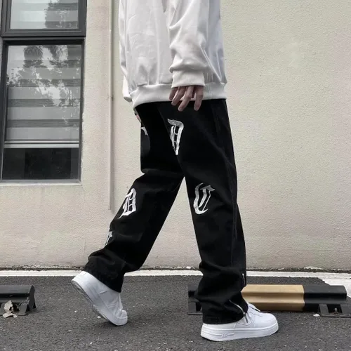 Miniatura 4 de Pantalones de mezclilla de pierna recta bordados con letras para hombre, sueltos, retro, casuales, de pierna ancha, pantalones de calle para hombre