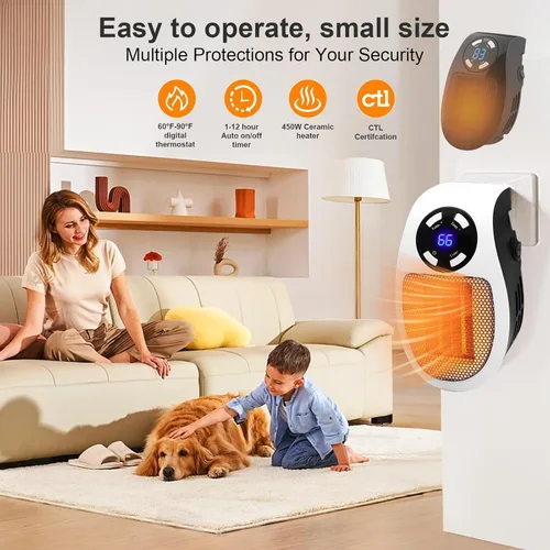 Miniatura 2 de Mini calentador de espacio de 450 W con detección de temperatura, toma de pared remota, calentador de espacio eléctrico como se ve en la televisión