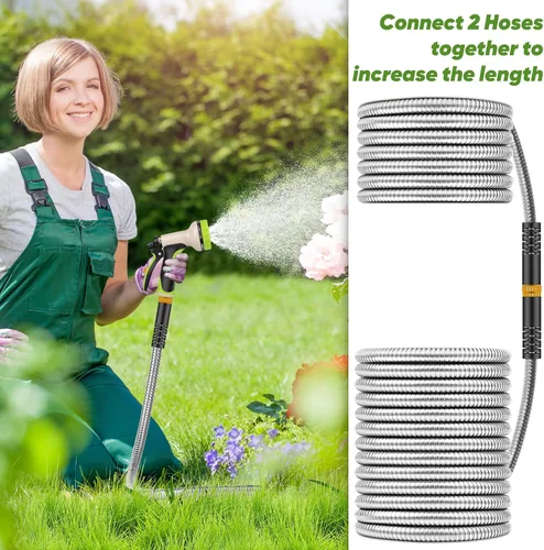 Miniatura 7 de Unywarse Manguera de jardín de 100 pies, manguera de agua resistente de acero inoxidable con boquilla de 10 funciones, flexible, ligera, sin