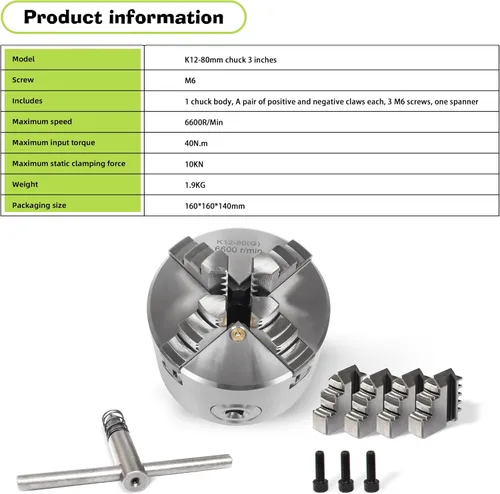 Miniatura 5 de RATTMMOTOR - Portabrocas de torno de 76 mm de 4 mandíbulas autocentrante de 3" K12-80mm, 6600R/Min 40N.m 10KN, Portabrocas de torno de precisión