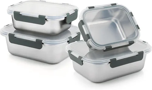Cuiselect 4 cajas de almuerzo de acero inoxidable de 4 tamaños, a prueba de fugas y aptas para lavavajillas, contenedores apilables de acero