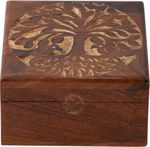 Miniatura 43 de Urna de madera antigua hecha a mano con grabado del árbol de la vida tallada a mano para mujeres y hombres, joyas Acentos de decoración del hogar