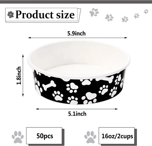 Miniatura 2 de Whaline 50 cuencos desechables para mascotas, cuencos de papel blanco y negro para perros, plato pequeño para perros de 16 onzas, 2 tazas, bandeja