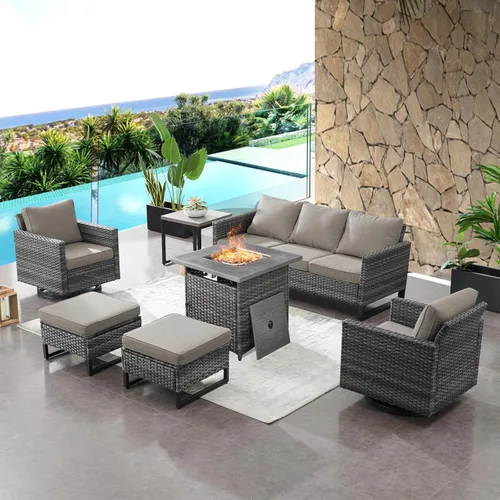 Miniatura 81 de HUMMUH Juego de 2 sillas giratorias para patio, mimbre de polietileno, para exteriores, bistró, porche, balcón, muebles con cojines Gris/gris