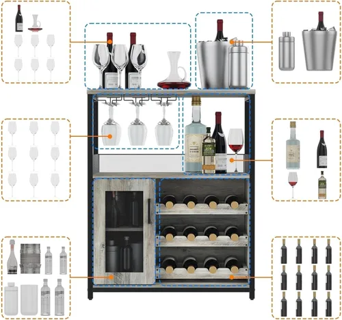 Miniatura 6 de IDEALHOUSE Armario de bar de vinos de 3 niveles con estante de vino desmontable y espacio de almacenamiento, gabinete de buffet con soporte de Gris