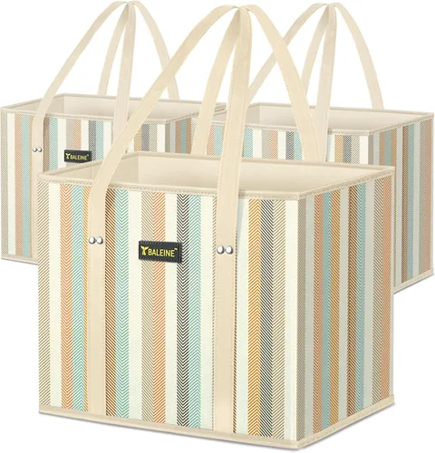 BALEINE Paquete de 3 bolsas reutilizables para comestibles, bolsas de compras plegables para comestibles con parte inferior reforzada y asas (color