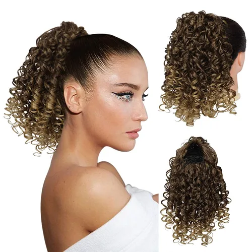 Miniatura 24 de PEACOCO Extensión de cola de caballo rizada con cordón para mujeres negras - Cola de caballo de 6 pulgadas con clip, postizo sintético de afro corto