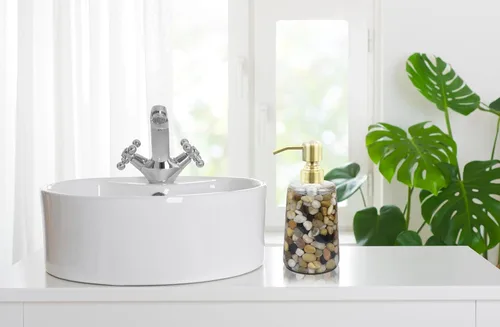 Miniatura 8 de Dispensador de jabón recargable hecho a mano para baño y cocina, dispensador de jabón de piedra Rocks con bomba de acero inoxidable dorado