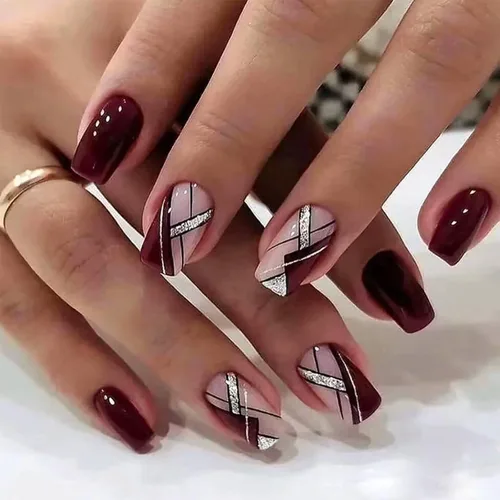 Miniatura 12 de Uñas postizas verdes a presión - Uñas falsas cortas cuadradas con purpurina dorada y diseños de remolino, acabado brillante, uñas postizas acrílicas
