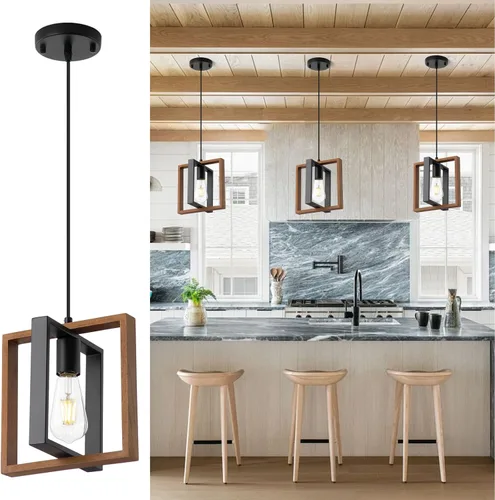 Miniatura 2 de 9MMML Iluminación colgante industrial pequeña, lámpara colgante de cocina estilo granja con cable, madera+metal, 1 luz E26 para comedor dormitorio
