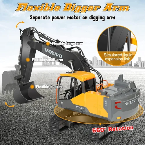 Miniatura 8 de Double E Volvo - Excavadora de control remoto a escala 1:16, juguete de construcción 3 en 1 de 17 canales con pala de metal, taladro, agarre
