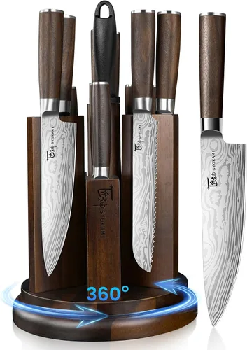 SYOKAMI Juego de cuchillos de cocina con bloque magnético y afilador, juego de 14 cuchillos, soporte giratorio de 360°, cuchillos ultra afilados de