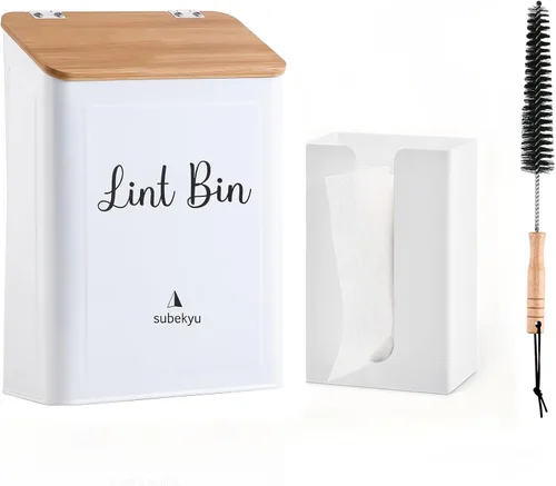 SUBEKYU Contenedor magnético de pelusa con tapa de bambú y soporte para hojas de secadora para lavandería, cubo de basura de metal con tapa y caja