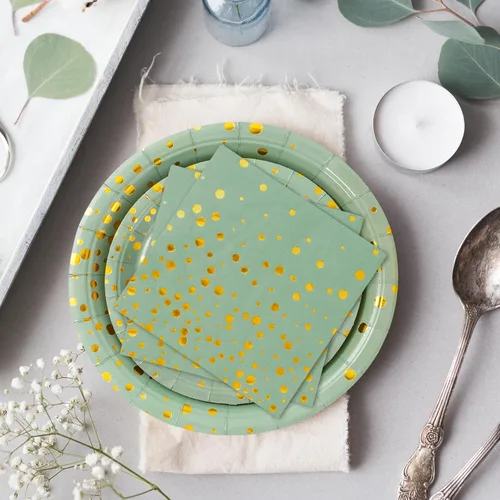 Miniatura 7 de Whaline 175 piezas de suministros de fiesta verde salvia con puntos dorados, platos de papel, servilletas y vasos, juego de vajilla desechable