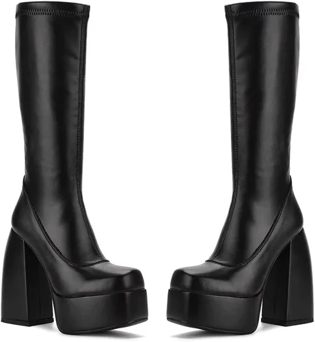 Miniatura 2 de Botas altas hasta la rodilla para mujer, tacón alto, punta redonda, cremallera lateral, estilo punk, botas de combate para mujer