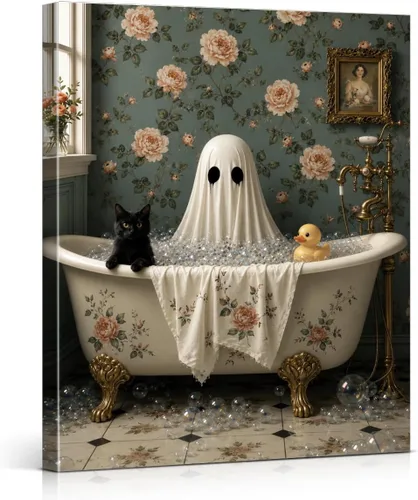 Miniatura 11 de QPVXSST Arte de Pared Interesante de Fantasma de Halloween para Baño, Póster Impreso en Lienzo de Estilo Gótico, Decoración de Baño con Diseño
